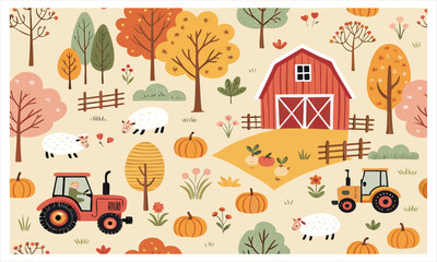 Charming farm scene with animals tractors and autumn elements