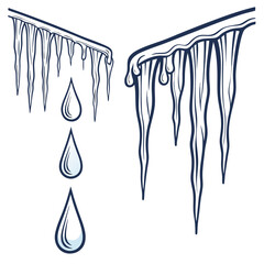 Frozen icicles dripping water droplets melting
