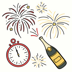 Festive celebration elements with clock and champagne