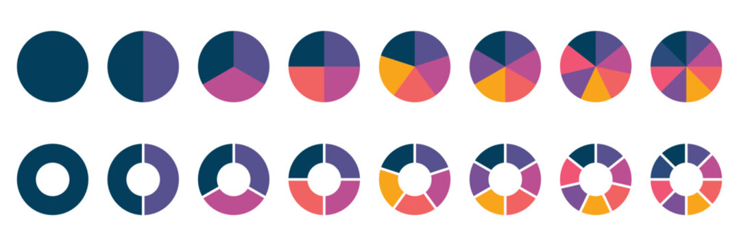 Set of colorful pie charts. Colorful pie charts with varying segments. Circle section graph. Pie chart set. Pie charts diagrams. Different color circles. donut and pie chart infographic elements set.