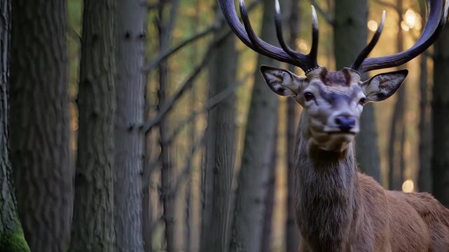 Majest&auml;tischer Rothirsch mit Geweih im sonnendurchfluteten Wald