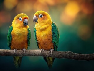 Vivid close-up of two colorful parrots perched on a branch with striking green and yellow feathers against a softly blurred natural forest background
