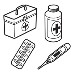 First aid kit pills thermometer bottle medical supplies