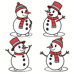 Four cheerful snowmen wearing hats and scarves snowman