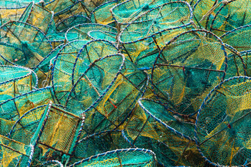 stack of the fishing nets at the fishing village