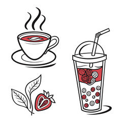 Hot coffee cup iced drink and strawberry smoothie fruit