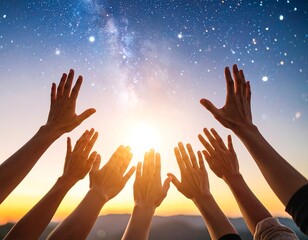 hands stretching towards a bright sky of possibility