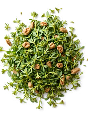 Pile of dried marjoram leaves isolated on white background