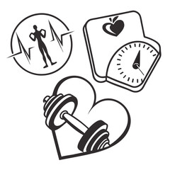 Heartbeat scale and dumbbell icons fitness health