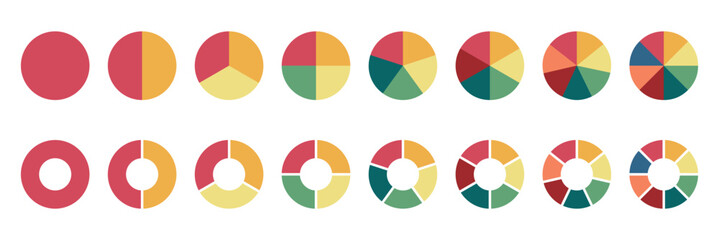 Set of colorful pie charts. Colorful pie charts with varying segments. Circle section graph. Pie chart set. Pie charts diagrams. Different color circles. donut and pie chart infographic elements set.