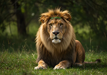 Fototapeta premium Majestic male lion with a regal mane and a subtle green adornment rests serenely on a grassy savanna, gazing intently forward.