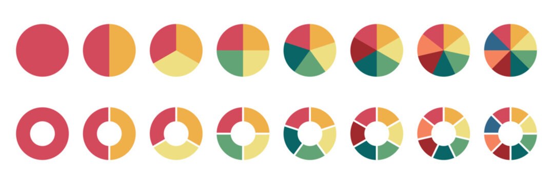 Set of colorful pie charts. Colorful pie charts with varying segments. Circle section graph. Pie chart set. Pie charts diagrams. Different color circles. donut and pie chart infographic elements set.