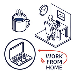 Isometric work from home icons with coffee and laptop