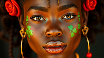 Black woman with glowing skin, Celtic-inspired hairpins, and clover patterns painted on her cheekbones