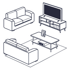 Minimalist living room furniture arrangement with sofas television and coffee table