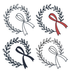 Fototapeta premium Minimalist laurel wreaths with ribbon variations foliage