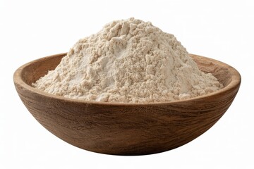 A rustic wooden bowl filled with a generous mound of fine beige flour