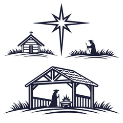 Fototapeta premium Nativity scene star stable manger shepherd vector