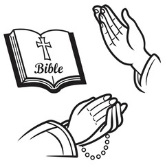 Open bible with cross and praying hands with rosary religion
