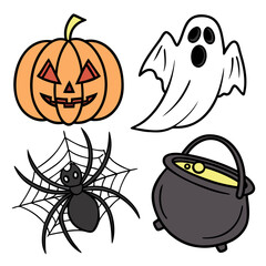 Fototapeta premium Orange pumpkin ghost spider cauldron spooky icons halloween