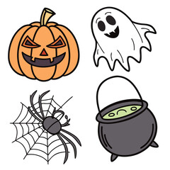 Orange pumpkin ghost spider cauldron with cobweb halloween