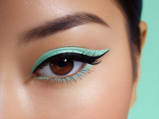 Fototapeta premium pastel green background with focus on winged eyeliner