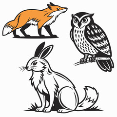 Fototapeta premium Orange fox black owl white rabbit woodland creatures woodland animals winter animals