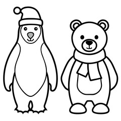Penguin and polar bear Christmas characters santa hat