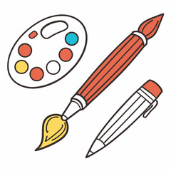 Orange paintbrush yellow brush yellow blue red paint palette and pencil artist artistic