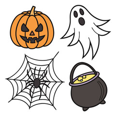 Orange pumpkin ghost spider web cauldron icons halloween jack o lantern