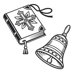 Ornate cross adorned book and decorative bell vector