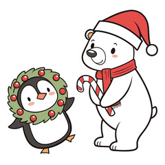 Penguin wearing wreath polar bear with candy cane christmas