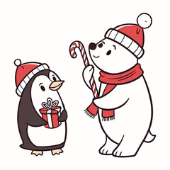 Penguin polar bear christmas characters with gift and candy cane vector