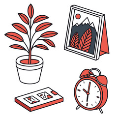 Potted plant framed picture alarm clock and photo frame