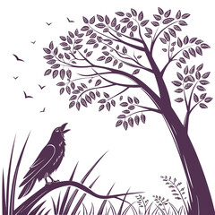 Purple crow singing on branch under tree with flying birds