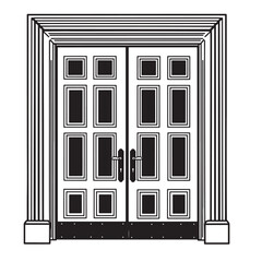 Elegant black and white vintage art illustration of a double door architecture design