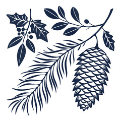 Pine cone and winter foliage branch icons holly branches