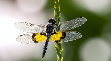 Colorful Dragonfly Resting on Green Stem with Detailed Wings in Natural Light
