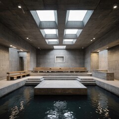 Modern concrete interior space with water feature
