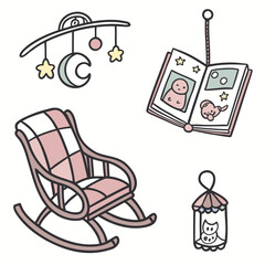 Pink rocking chair with baby mobile and storybook nursery moon