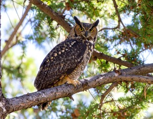 Obraz premium Great horned owl perched in a pine tree (1)