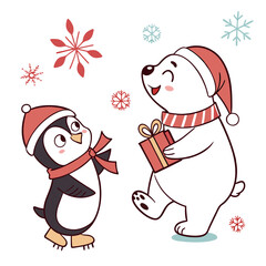 Polar bear and penguin exchanging Christmas gifts present