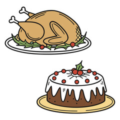 Roast turkey and festive cake with holly berries platter