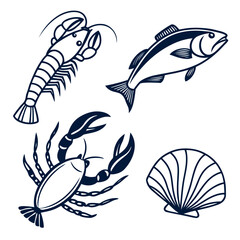Seafood icons shrimp fish crab oyster vector
