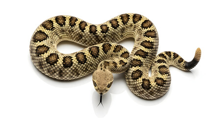 Spotted Rattlesnake Coiled and Sticking Tongue Out on White Background