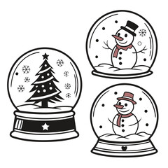 Snow globe icons with snowman and tree christmas tree