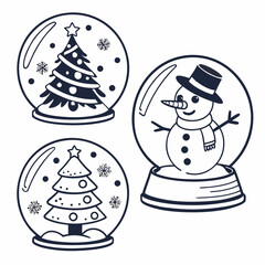 Snow globes with Christmas tree and snowman winter