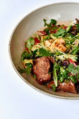 Deliciously Crafted Salad Featuring Tender Meat, Fresh Vegetables, and Flavorful Herbs in a Circular Bowl Against a Simple Background