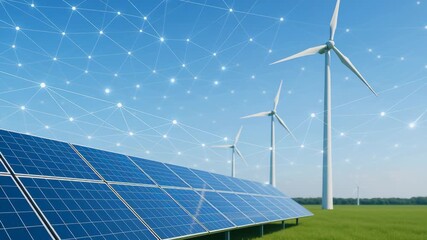 Zero carbon energy source. Solar panel and wind turbine farm with digital network connection green field blue sky for renewable energy and green clean - Powered by Adobe