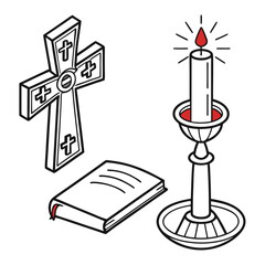 Religious cross candle and book icons flame religion